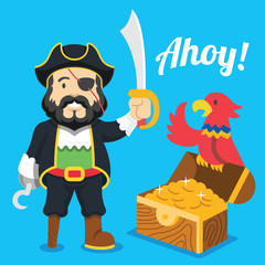 Pirate with saber,parrot and treasure chest