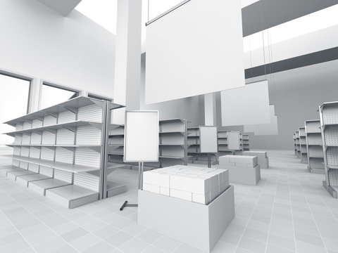 interior of a store with product island. 3D rendering