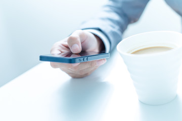 business, technology and internet concept - close up of man hand
