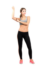 Fototapeta na wymiar Sporty woman flexing arm biceps muscle