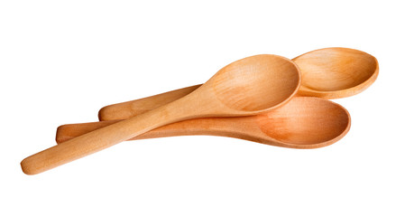 Three small wooden spoons isolated on white. Stacked photo.