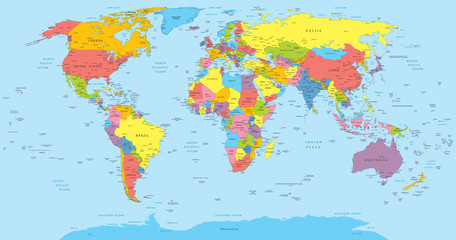 Polityczna mapa świata z nazwami krajów, krajów i miast - obrazy, fototapety, plakaty