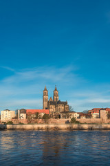 Beautiful cathedral of Magdeburg, river Elba and old town in the