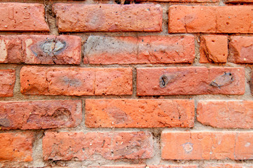 Closeup of weathered red brick wall