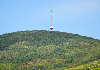 Fototapeta na wymiar TV tower on the mountain near Tokaj city, Hungary