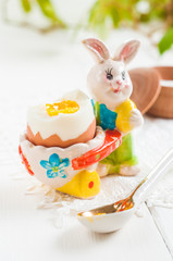Easter rabbit and egg on white wooden table background