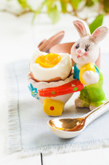 Easter rabbit and egg on white wooden table background