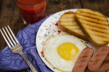 fried eggs with sausages on a plate and juice