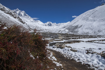 view of Island Peak in the village of Dingboche