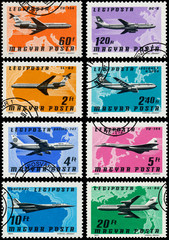 Stamps printed in Hungary show airplanes
