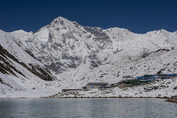 view of Cho Oyu and the village of Gokyo