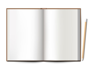 blank notebook spread with pencil on white background