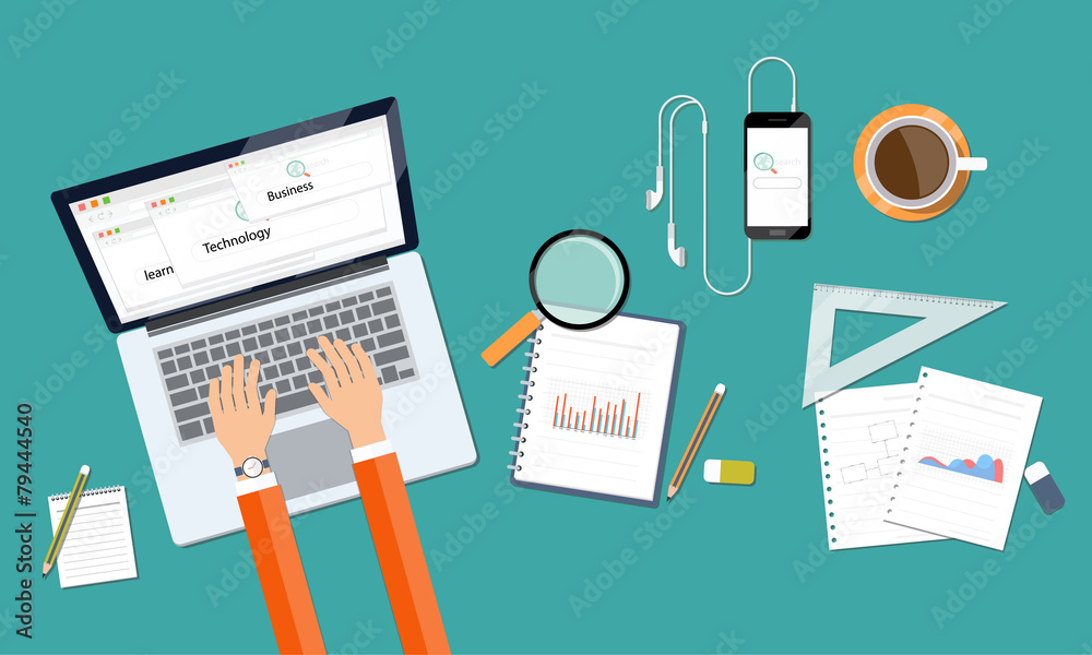 Poster business working online and searching on web workspace