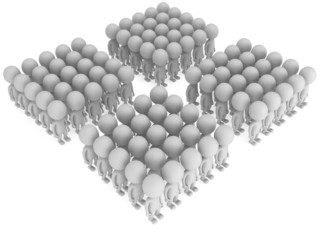 A large groups of people stand on white