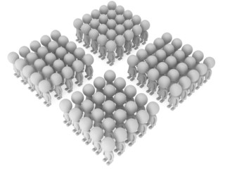 A large groups of people stand on white