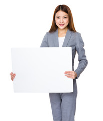 Naklejka premium Business woman show with white banner