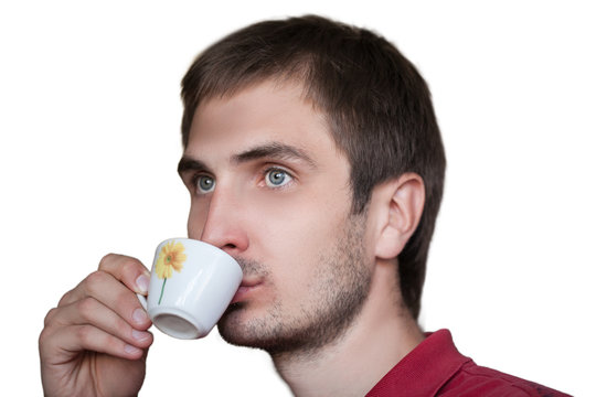 Man is drinking coffe from cup, isolated