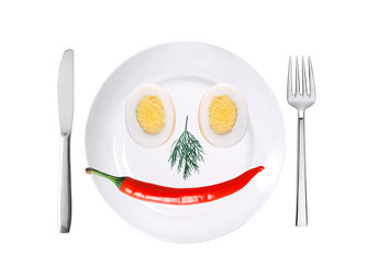 red hot chilly pepper and two eggs on white plate isolated on wh