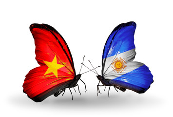 Two butterflies with flags Vietnam and Argentina