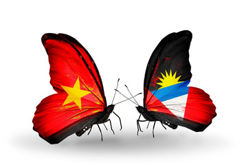 Two butterflies with flags Vietnam and Antigua and Barbuda