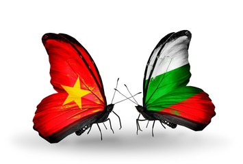 Two butterflies with flags Vietnam and Bulgaria