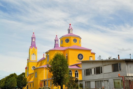 Yellow and purple church of Castro, Chiloe, Chile