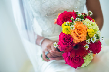 Orange, yellow, white wedding bouquet