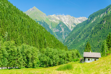 Fototapeta na wymiar Beautiful alpine landscape with typical alpine buildings