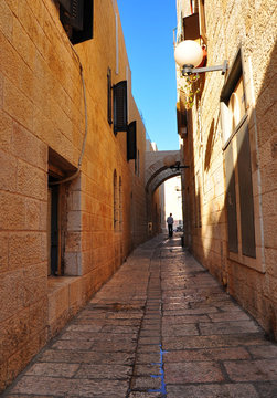 Narrow paved street in Old Jerusalem city.