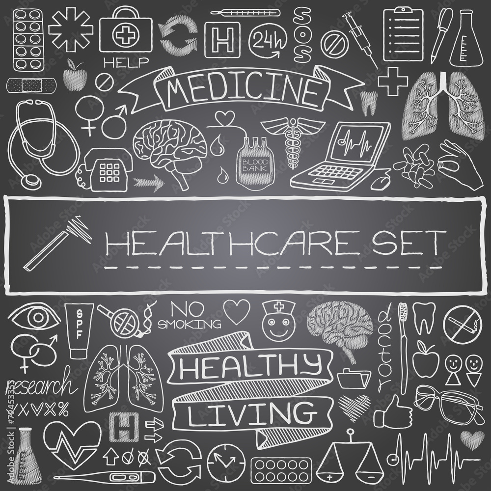 Wall mural hand drawn medical set of icons