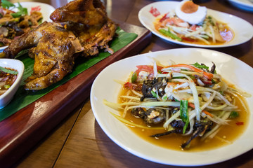 Thai papaya salad serve with vegetables