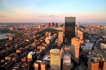Aerial view of Boston at sunset