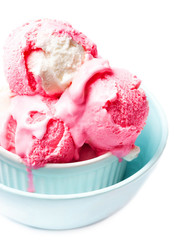 Vanilla and Strawberry  ice cream in blue bowl  isolated on whit
