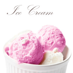 Raspberry Fruit  Ice Cream Balls Macro. Beautiful Scoops of  Ice
