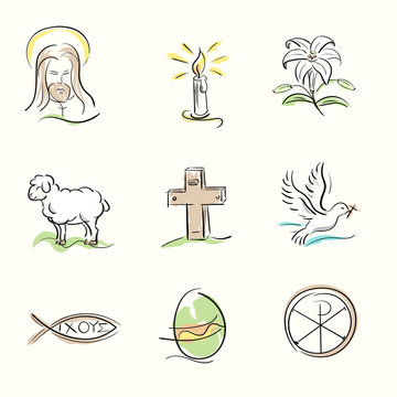 Set of Easter Christian symbols and spring illustrations