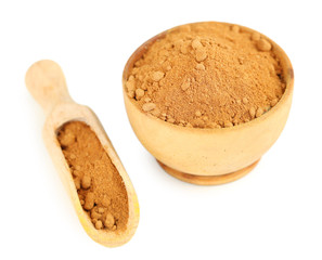 Paprika in wooden bowl, isolated on white