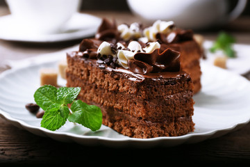 Tasty piece of chocolate cake with mint