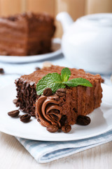 Tasty pieces of chocolate cake with mint and cinnamon