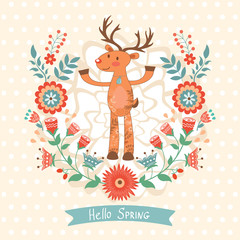 Hello spring concept card with deer