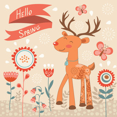 Hello spring concept card with deer