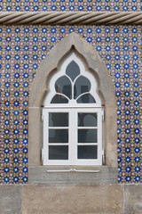 Decorative window castle Pena. Sintra Portugal.