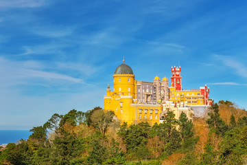 Pena Palace. Against background of ocean. Sintra Portugal.