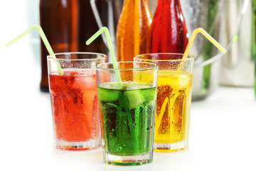 Glassware of different drinks, closeup