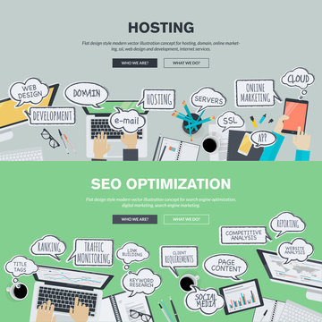Set of flat design illustration concepts for hosting and SEO