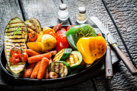 Grilled fresh vegetables on barbecue dish