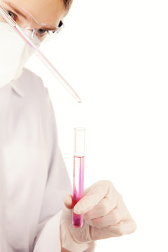 Laboratory assistant hodling vial and pipette isolated on white 