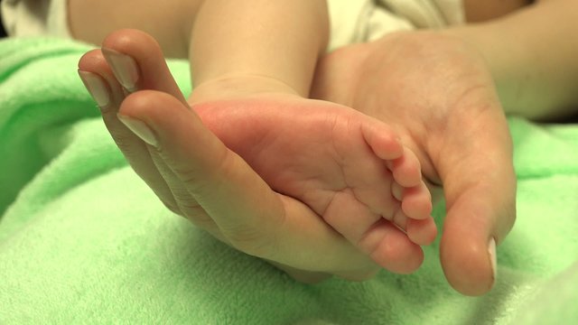 Newborn Baby's Feet in Mother Hands Closeup. 4k