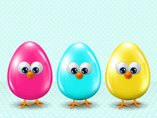 three colored Easter eggs standing onblue dotted background