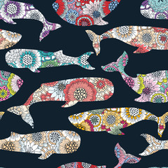 Floral whales seamless pattern - 79466326