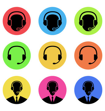 Colorful icons of call center and operator in headset, headset